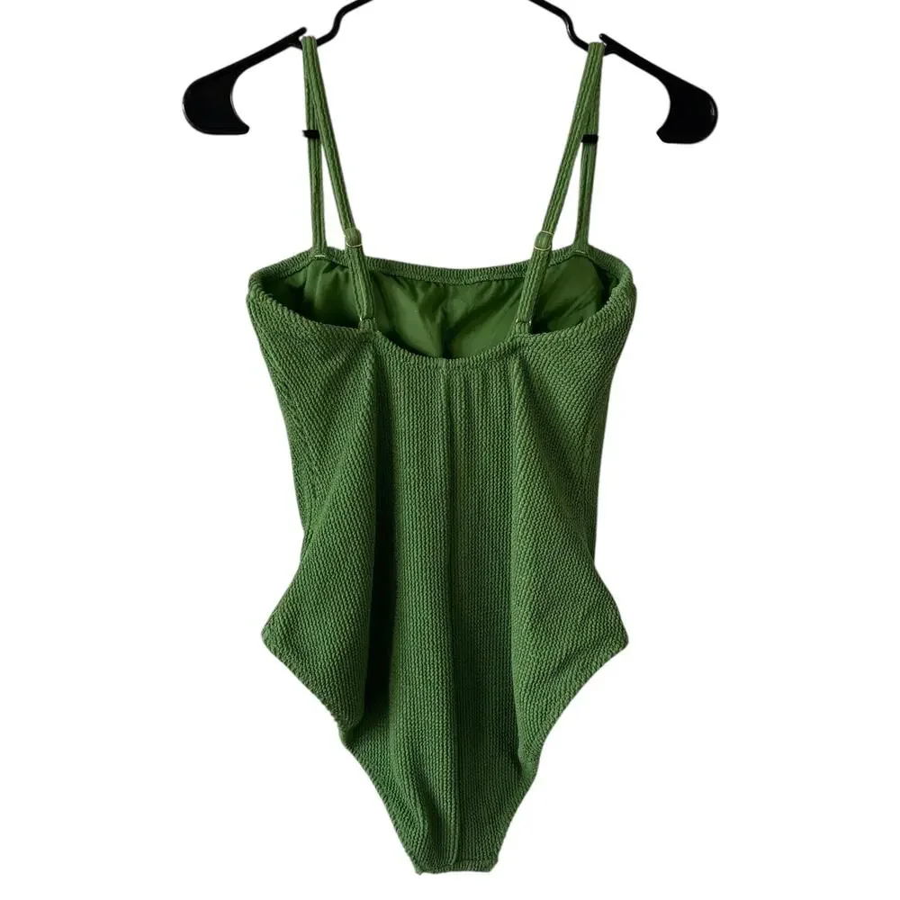 NEW SHADE & SHORE Green One Piece Swim Suit Crinkle Knit Size Medium Adjustable